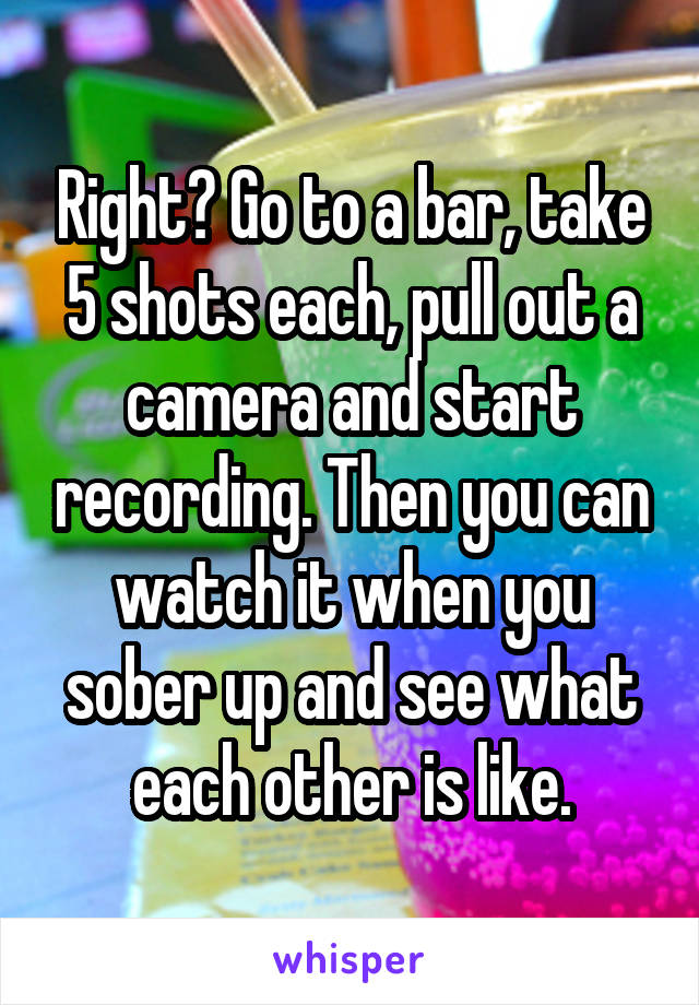 Right? Go to a bar, take 5 shots each, pull out a camera and start recording. Then you can watch it when you sober up and see what each other is like.
