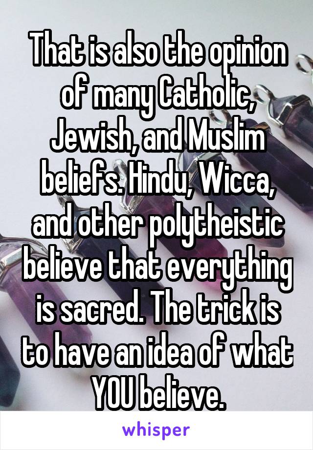 That is also the opinion of many Catholic, Jewish, and Muslim beliefs. Hindu, Wicca, and other polytheistic believe that everything is sacred. The trick is to have an idea of what YOU believe.