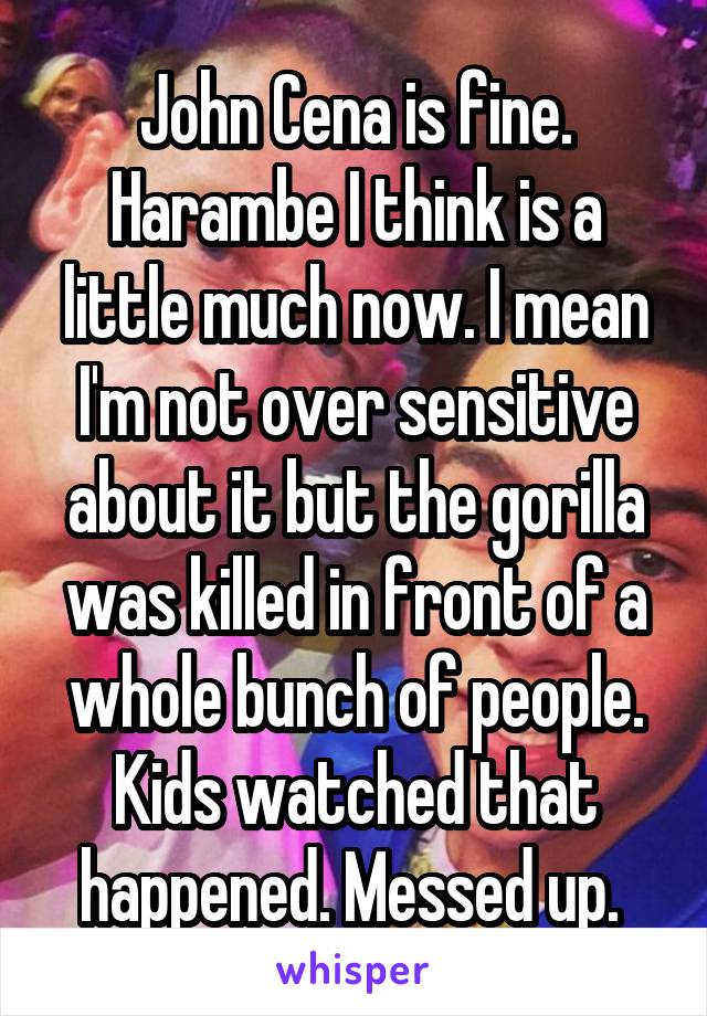 John Cena is fine. Harambe I think is a little much now. I mean I'm not over sensitive about it but the gorilla was killed in front of a whole bunch of people. Kids watched that happened. Messed up. 