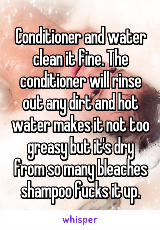 Conditioner and water clean it fine. The conditioner will rinse out any dirt and hot water makes it not too greasy but it's dry from so many bleaches shampoo fucks it up.