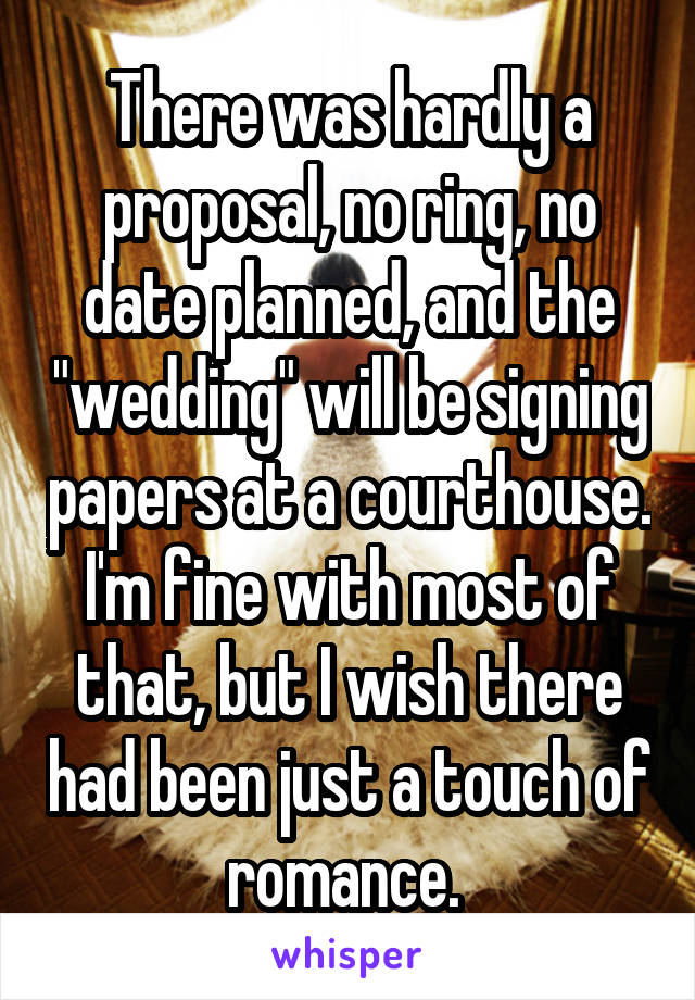 There was hardly a proposal, no ring, no date planned, and the "wedding" will be signing papers at a courthouse. I'm fine with most of that, but I wish there had been just a touch of romance. 