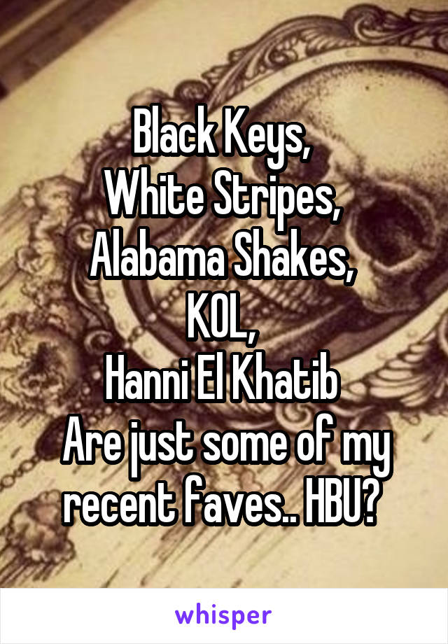 Black Keys, 
White Stripes, 
Alabama Shakes, 
KOL, 
Hanni El Khatib 
Are just some of my recent faves.. HBU? 