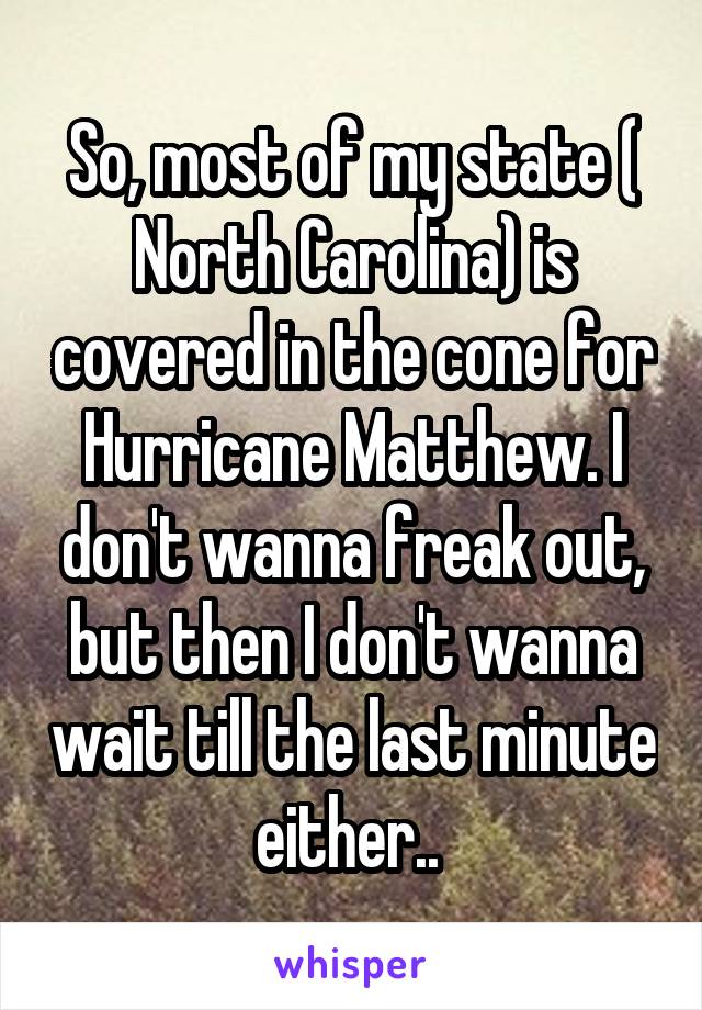So, most of my state ( North Carolina) is covered in the cone for Hurricane Matthew. I don't wanna freak out, but then I don't wanna wait till the last minute either.. 
