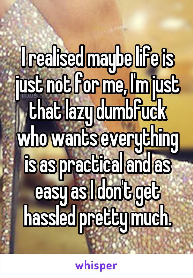 I realised maybe life is just not for me, I'm just that lazy dumbfuck who wants everything is as practical and as easy as I don't get hassled pretty much.