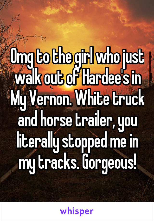 Omg to the girl who just walk out of Hardee's in My Vernon. White truck and horse trailer, you literally stopped me in my tracks. Gorgeous!