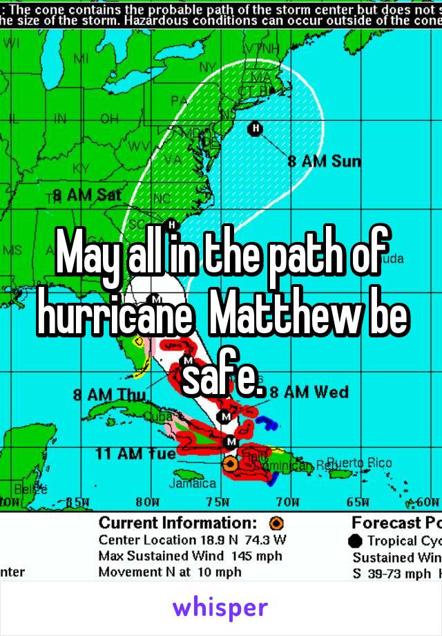 May all in the path of hurricane  Matthew be safe.