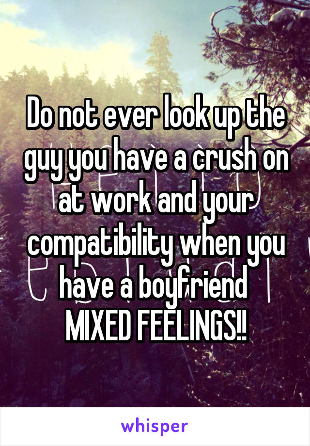 Do not ever look up the guy you have a crush on at work and your compatibility when you have a boyfriend 
MIXED FEELINGS!!