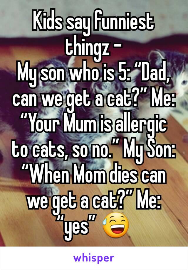 Kids say funniest thingz -
My son who is 5: “Dad, can we get a cat?” Me: “Your Mum is allergic to cats, so no.” My Son: “When Mom dies can we get a cat?” Me: “yes” 😅

