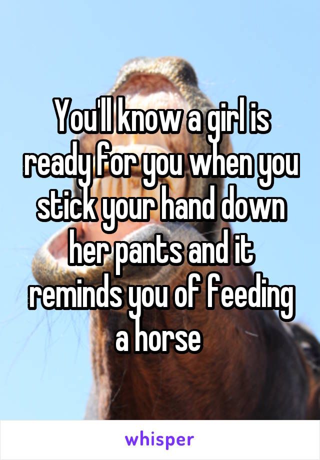 You'll know a girl is ready for you when you stick your hand down her pants and it reminds you of feeding a horse 