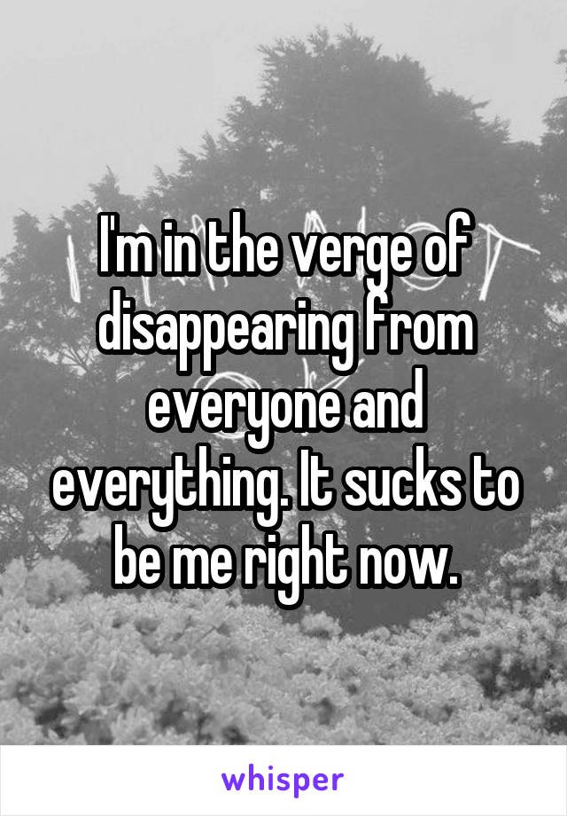 I'm in the verge of disappearing from everyone and everything. It sucks to be me right now.