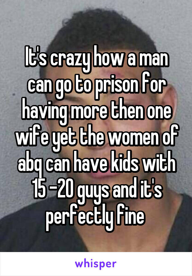 It's crazy how a man can go to prison for having more then one wife yet the women of abq can have kids with 15 -20 guys and it's perfectly fine 