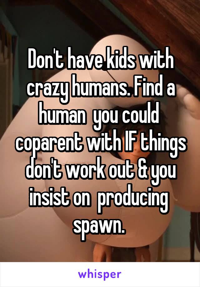 Don't have kids with crazy humans. Find a human  you could  coparent with IF things don't work out & you insist on  producing  spawn. 