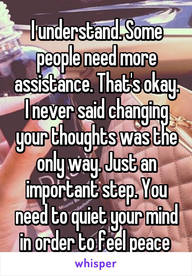 I understand. Some people need more assistance. That's okay. I never said changing your thoughts was the only way. Just an important step. You need to quiet your mind in order to feel peace 