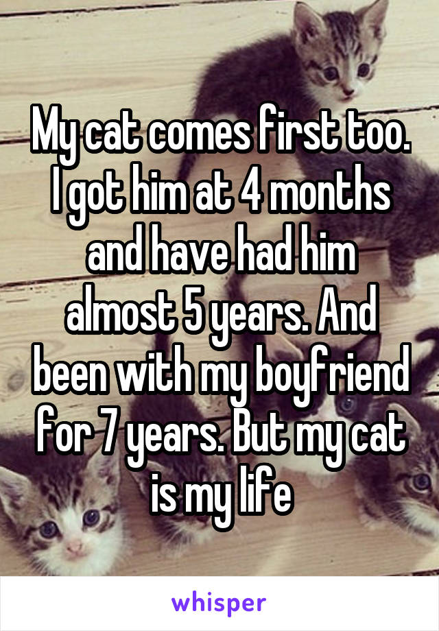 My cat comes first too. I got him at 4 months and have had him almost 5 years. And been with my boyfriend for 7 years. But my cat is my life