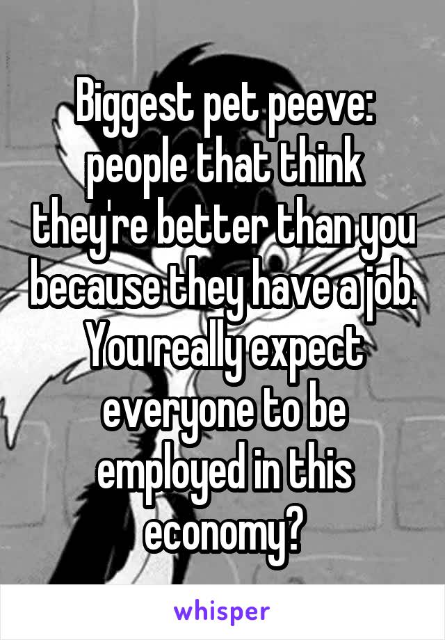 Biggest pet peeve: people that think they're better than you because they have a job. You really expect everyone to be employed in this economy?
