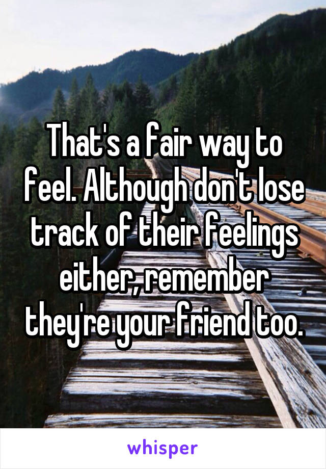 That's a fair way to feel. Although don't lose track of their feelings either, remember they're your friend too.