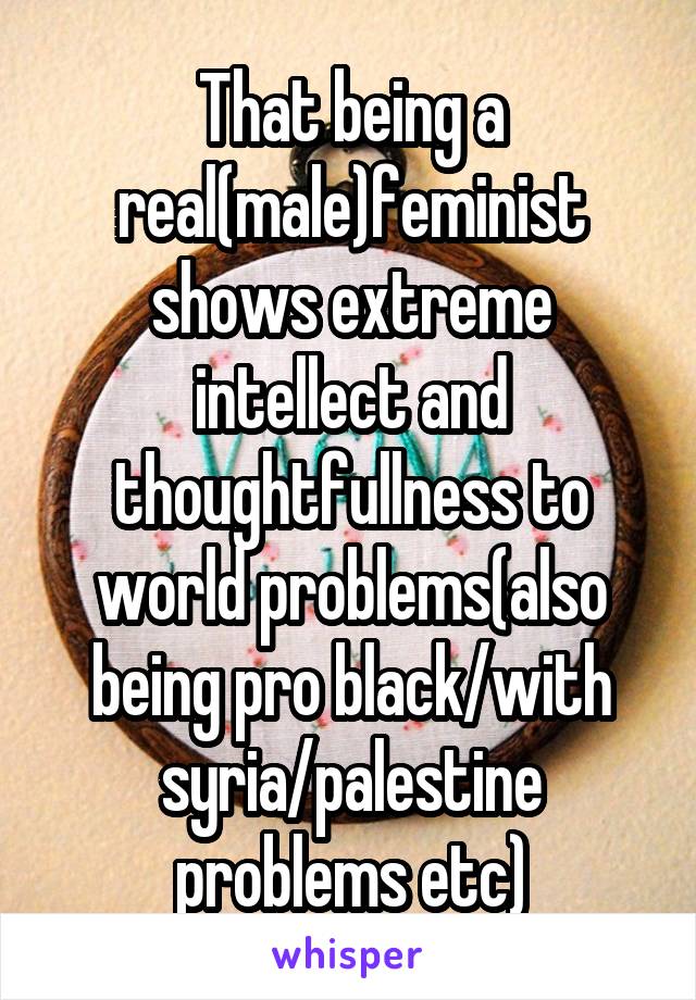 That being a real(male)feminist shows extreme intellect and thoughtfullness to world problems(also being pro black/with syria/palestine problems etc)