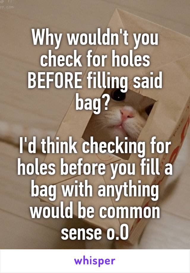 Why wouldn't you check for holes BEFORE filling said bag? 

I'd think checking for holes before you fill a bag with anything would be common sense o.O