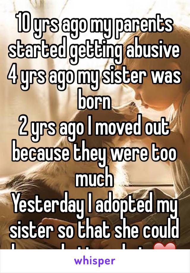 10 yrs ago my parents started getting abusive
4 yrs ago my sister was born
2 yrs ago I moved out because they were too much
Yesterday I adopted my sister so that she could have a better shot ❤️
