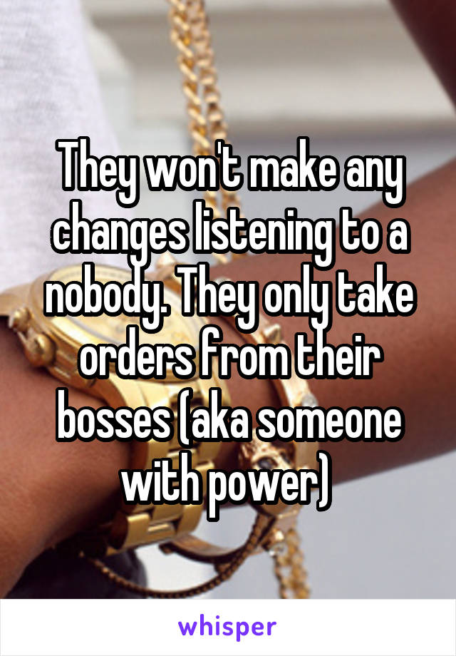 They won't make any changes listening to a nobody. They only take orders from their bosses (aka someone with power) 