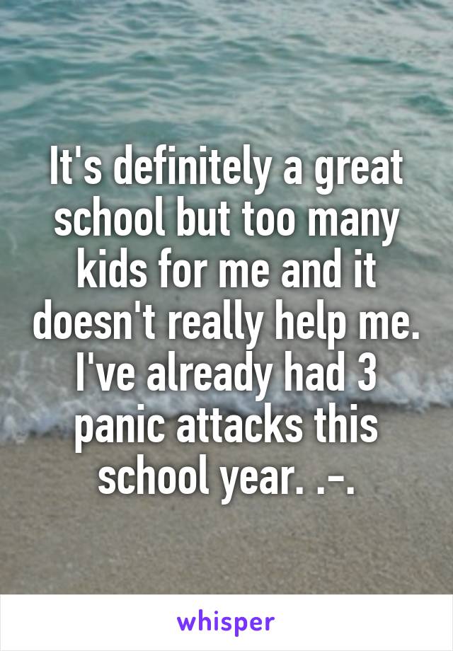 It's definitely a great school but too many kids for me and it doesn't really help me. I've already had 3 panic attacks this school year. .-.