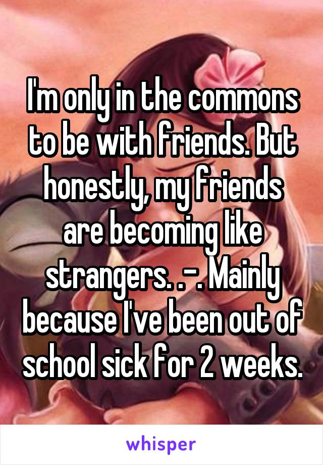 I'm only in the commons to be with friends. But honestly, my friends are becoming like strangers. .-. Mainly because I've been out of school sick for 2 weeks.