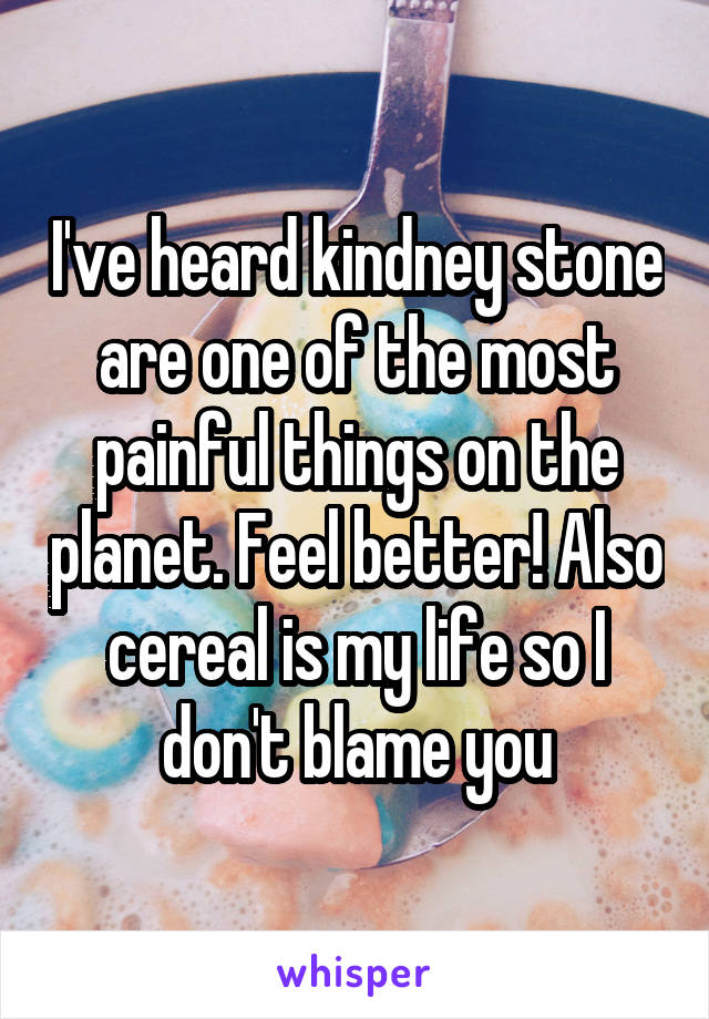 I've heard kindney stone are one of the most painful things on the planet. Feel better! Also cereal is my life so I don't blame you