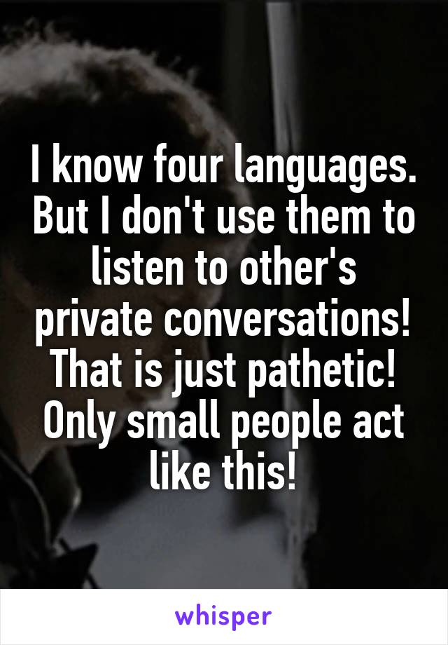 I know four languages. But I don't use them to listen to other's private conversations!
That is just pathetic!
Only small people act like this!