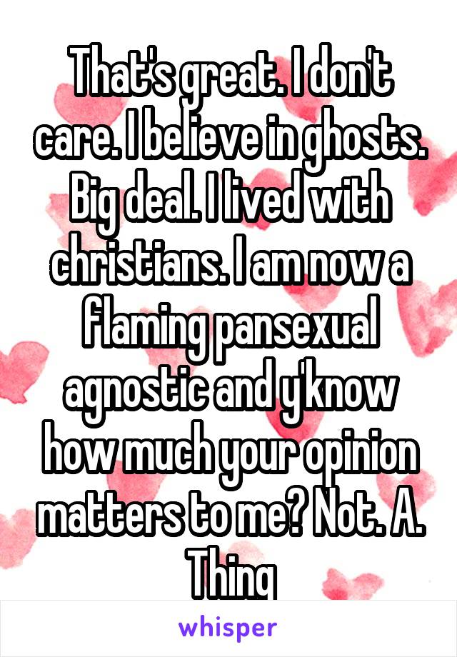 That's great. I don't care. I believe in ghosts. Big deal. I lived with christians. I am now a flaming pansexual agnostic and y'know how much your opinion matters to me? Not. A. Thing