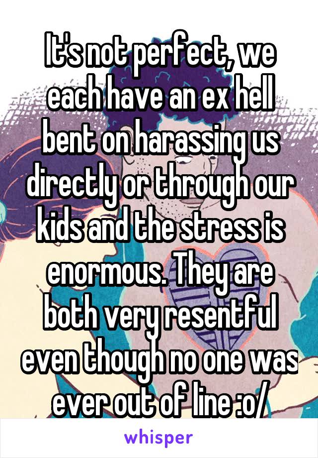It's not perfect, we each have an ex hell bent on harassing us directly or through our kids and the stress is enormous. They are both very resentful even though no one was ever out of line :o/
