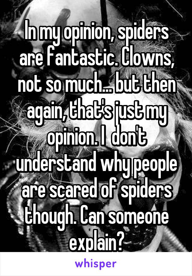 In my opinion, spiders are fantastic. Clowns, not so much... but then again, that's just my opinion. I  don't understand why people are scared of spiders though. Can someone explain?