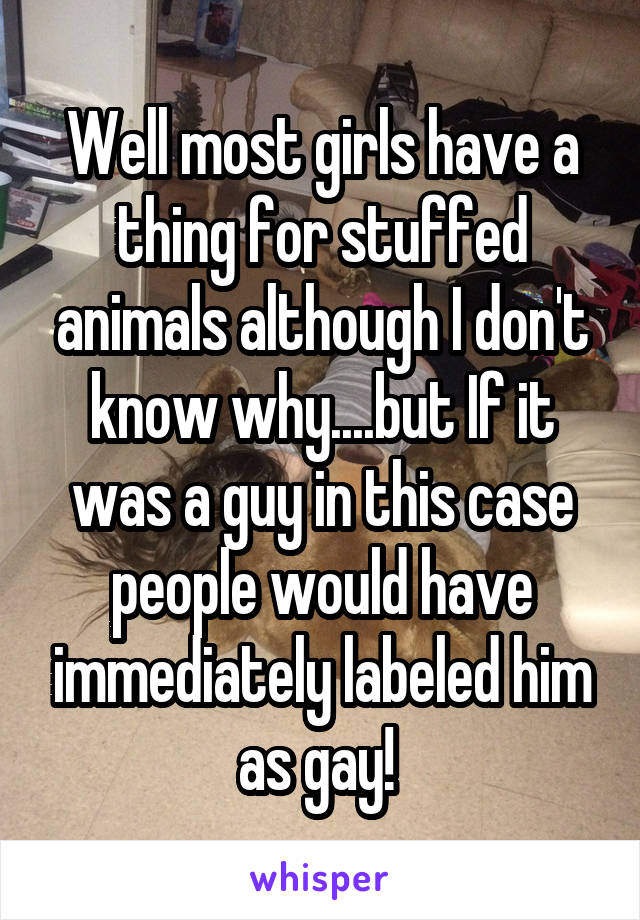 Well most girls have a thing for stuffed animals although I don't know why....but If it was a guy in this case people would have immediately labeled him as gay! 