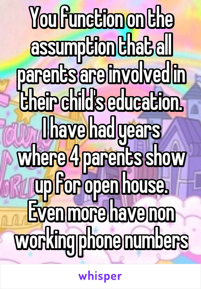 You function on the assumption that all parents are involved in their child's education.
I have had years where 4 parents show up for open house.
Even more have non working phone numbers 