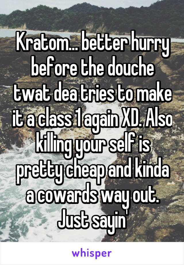 Kratom... better hurry before the douche twat dea tries to make it a class 1 again XD. Also killing your self is pretty cheap and kinda a cowards way out. Just sayin'