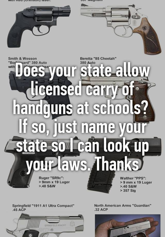 Does your state allow licensed carry of handguns at schools? 
If so, just name your state so I can look up your laws. Thanks