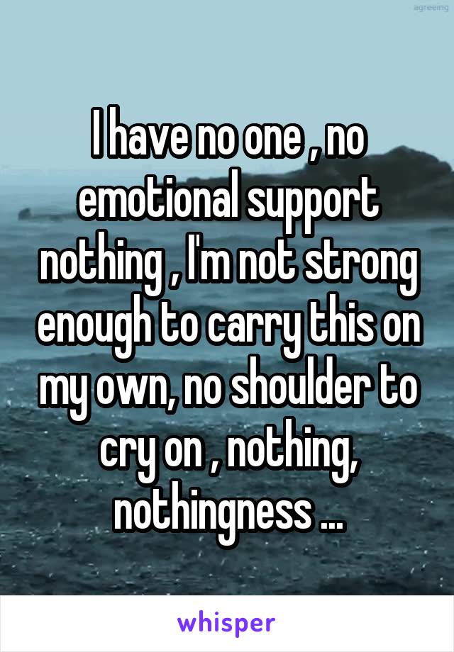 I have no one , no emotional support nothing , I'm not strong enough to carry this on my own, no shoulder to cry on , nothing, nothingness ...