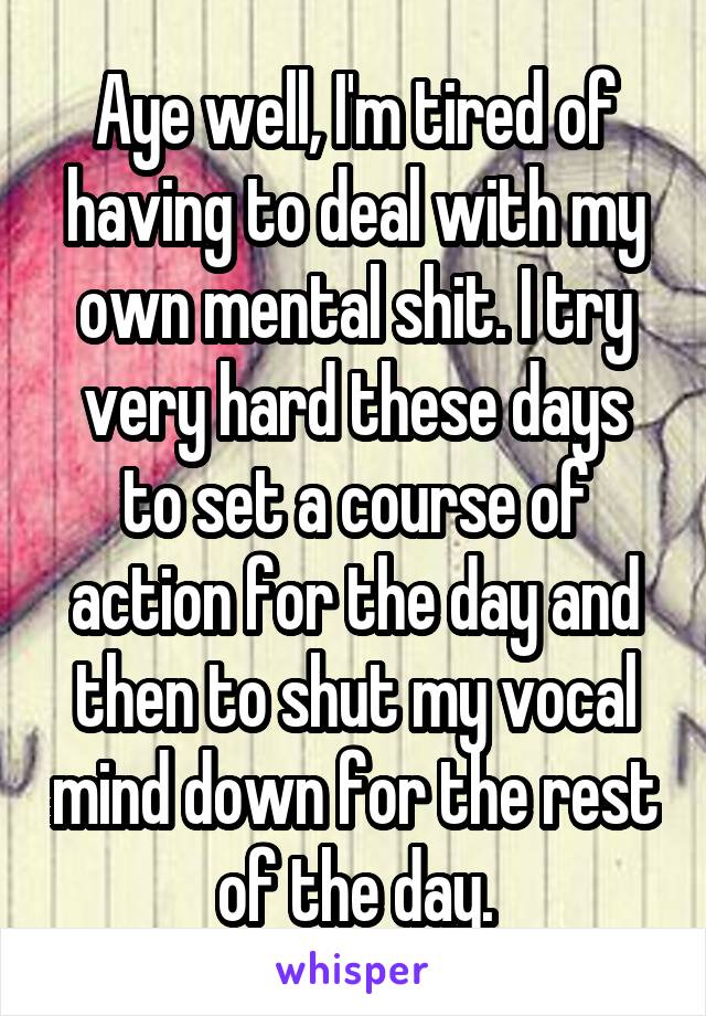 Aye well, I'm tired of having to deal with my own mental shit. I try very hard these days to set a course of action for the day and then to shut my vocal mind down for the rest of the day.