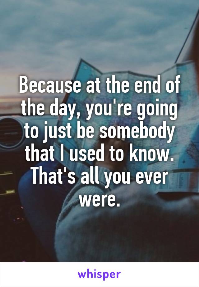 Because at the end of the day, you're going to just be somebody that I used to know. That's all you ever were.