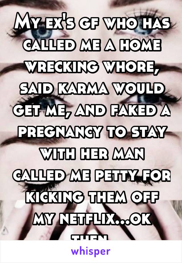 My ex's gf who has called me a home wrecking whore, said karma would get me, and faked a pregnancy to stay with her man called me petty for kicking them off my netflix...ok then.