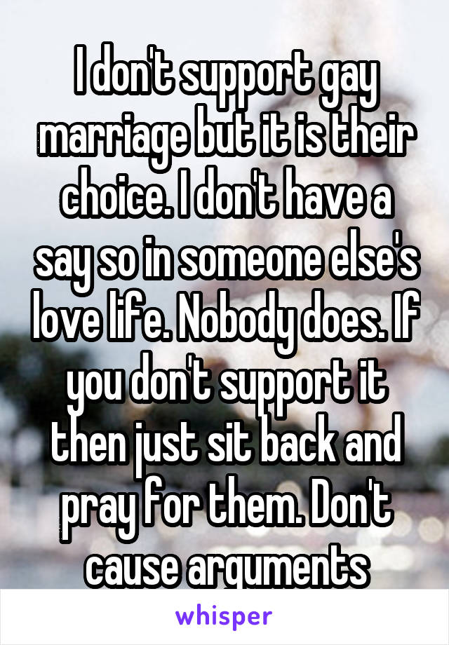 I don't support gay marriage but it is their choice. I don't have a say so in someone else's love life. Nobody does. If you don't support it then just sit back and pray for them. Don't cause arguments
