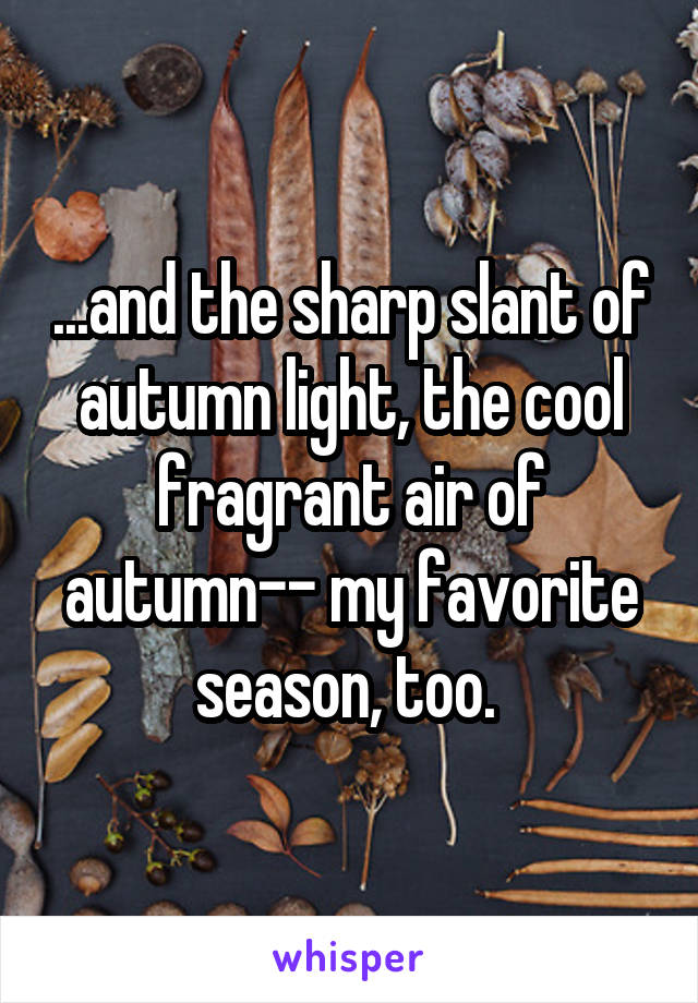 ...and the sharp slant of autumn light, the cool fragrant air of autumn-- my favorite season, too. 