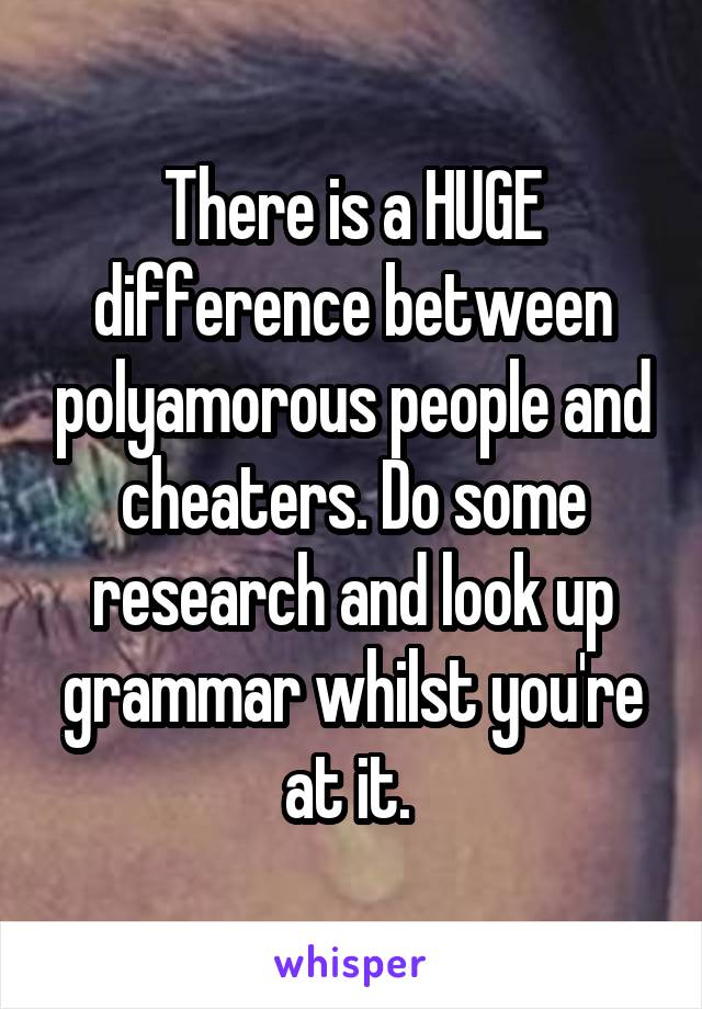 There is a HUGE difference between polyamorous people and cheaters. Do some research and look up grammar whilst you're at it. 