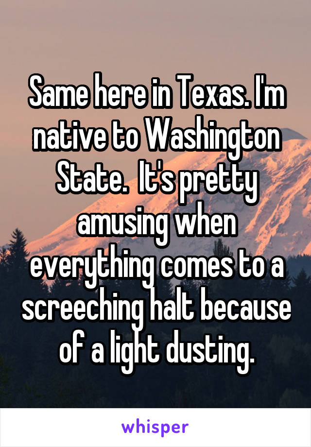 Same here in Texas. I'm native to Washington State.  It's pretty amusing when everything comes to a screeching halt because of a light dusting.