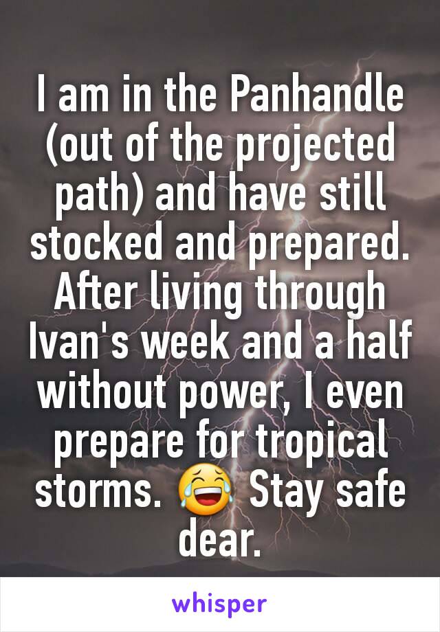 I am in the Panhandle (out of the projected path) and have still stocked and prepared. After living through Ivan's week and a half without power, I even prepare for tropical storms. 😂 Stay safe dear.