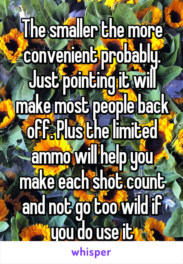 The smaller the more convenient probably. Just pointing it will make most people back off. Plus the limited ammo will help you make each shot count and not go too wild if you do use it