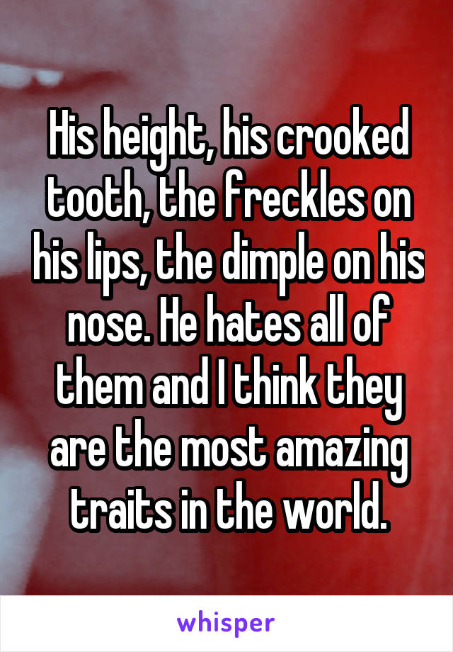 His height, his crooked tooth, the freckles on his lips, the dimple on his nose. He hates all of them and I think they are the most amazing traits in the world.