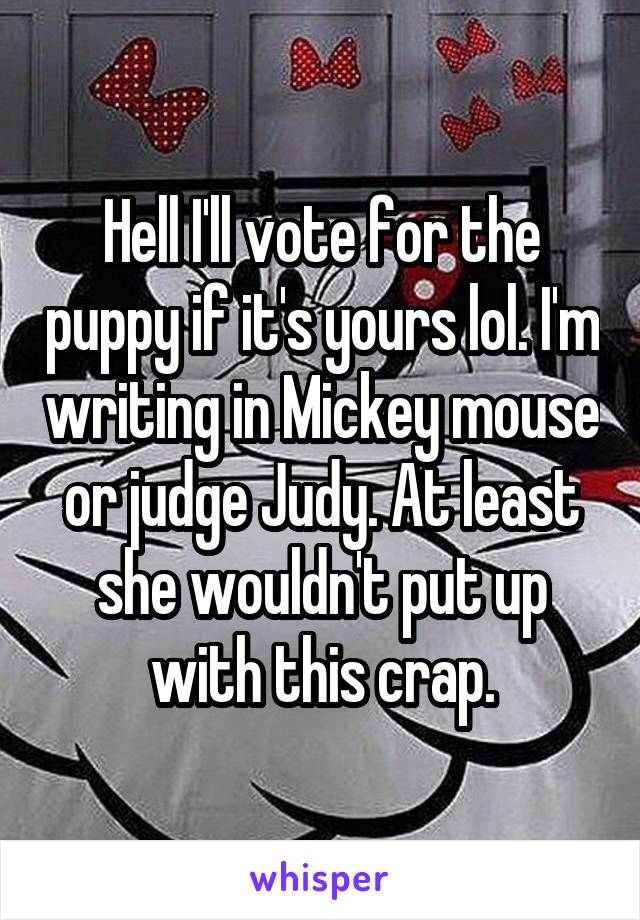 Hell I'll vote for the puppy if it's yours lol. I'm writing in Mickey mouse or judge Judy. At least she wouldn't put up with this crap.