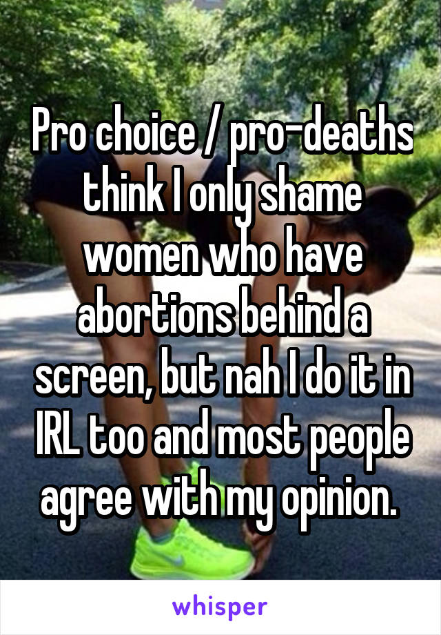 Pro choice / pro-deaths think I only shame women who have abortions behind a screen, but nah I do it in IRL too and most people agree with my opinion. 