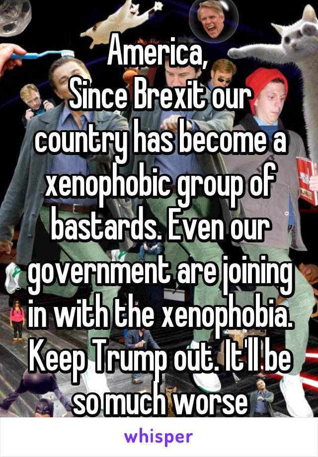 America, 
Since Brexit our country has become a xenophobic group of bastards. Even our government are joining in with the xenophobia. Keep Trump out. It'll be so much worse