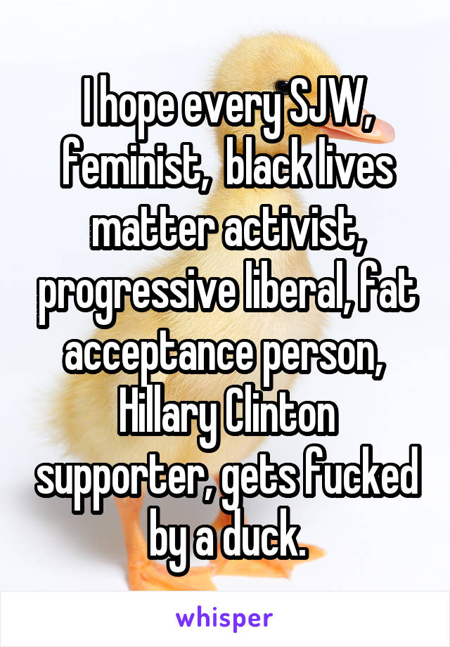 I hope every SJW, feminist,  black lives matter activist, progressive liberal, fat acceptance person,  Hillary Clinton supporter, gets fucked by a duck.